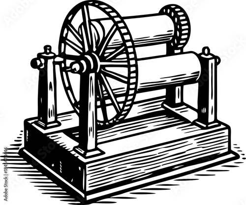 vintage hand crank machine with large wheel and wooden base in engraved retro illustration