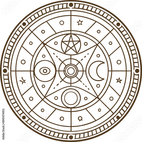 Mystic circular alchemy symbol with celestial moon sun star and occult geometric design