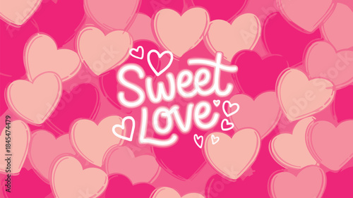 Sweet love illustration with numerous pink hearts overlapping in a romantic background with white text overlay