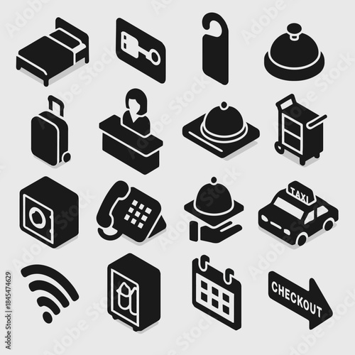 Hotel and travel icons set featuring services and amenities