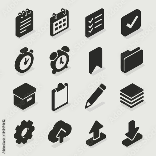 Isometric icons for office productivity and organization in minimalist black