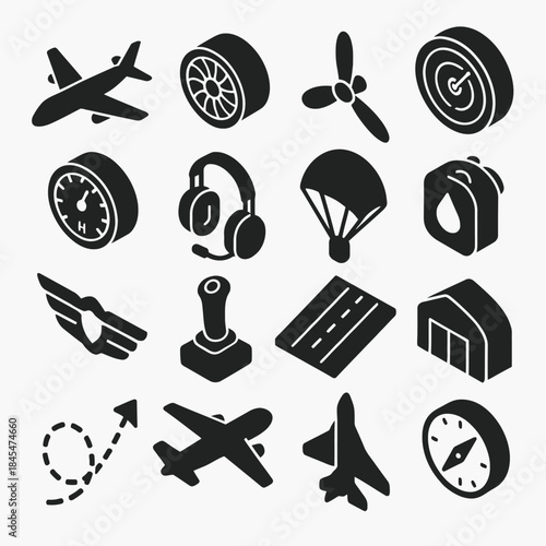 Aviation icons: airplane, propeller, parachute, compass, headphones, joystick, runway, hangar