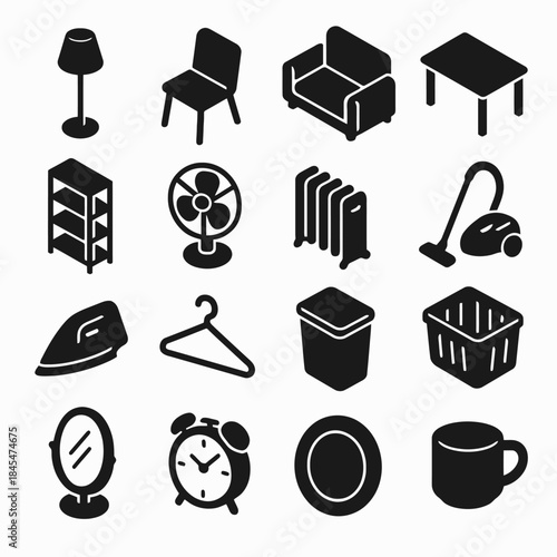 Black silhouette icons of household objects: furniture, appliances, and more