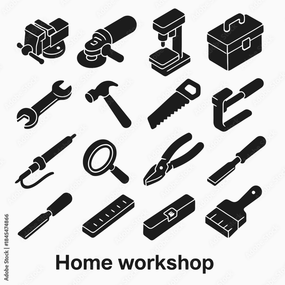Fototapeta premium Essential black silhouette icons of workshop tools for home fixes