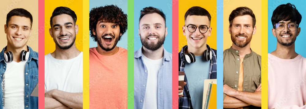 Fototapeta premium A group of seven young men stands together against a vibrant background. Each displays a unique style, showcasing their individuality and positive expressions, creating a lively atmosphere.