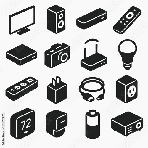 Collection of smart home devices and electronics in black and white icons