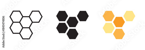 Honeycomb line icons. Honeycombs colorful icon set. Hexagon shape sign, symbol. Black, orange, yellow colors. Vector illustration. Editable stroke. Flat design element. Isolated on a white background.