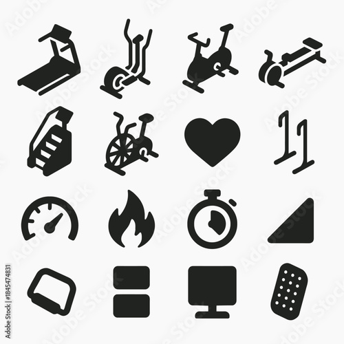 Gym equipment icons: treadmill, heart monitor, stopwatch, and more