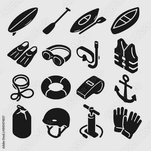 Set of kayaking and water sports gear icons in black silhouette