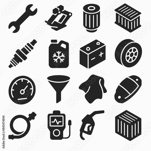 Collection of automotive repair tools and parts icons in black silhouettes