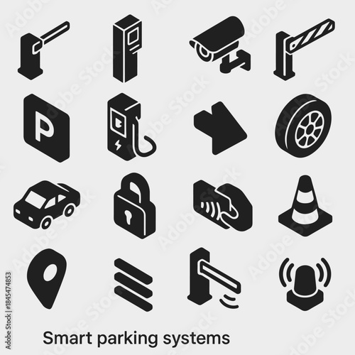 Smart parking systems icons: security, sensors, access control, navigation, vehicles