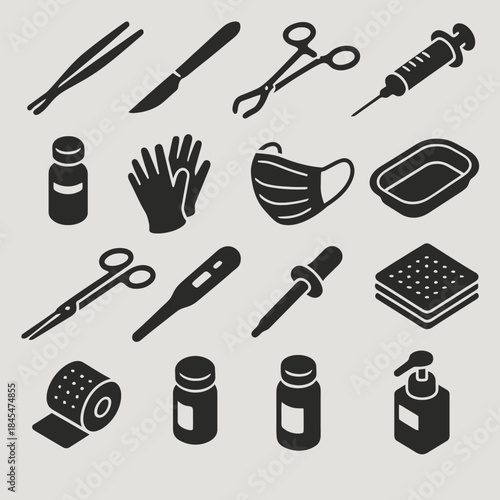 Medical tools and supplies icons including syringe, mask, scissors, gloves