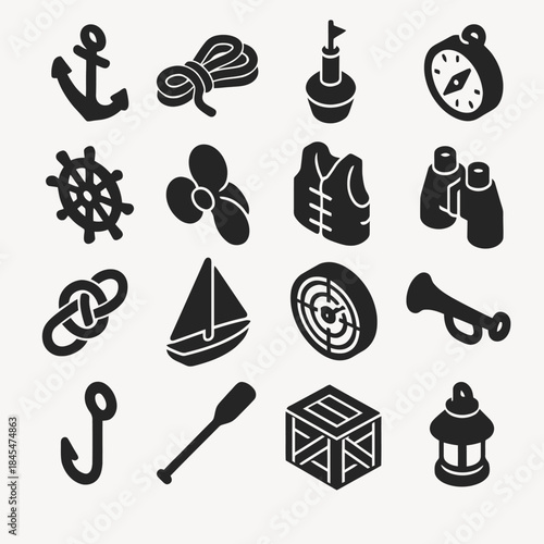 Nautical icons set: anchor, compass, buoy, binoculars, ship wheel, and more
