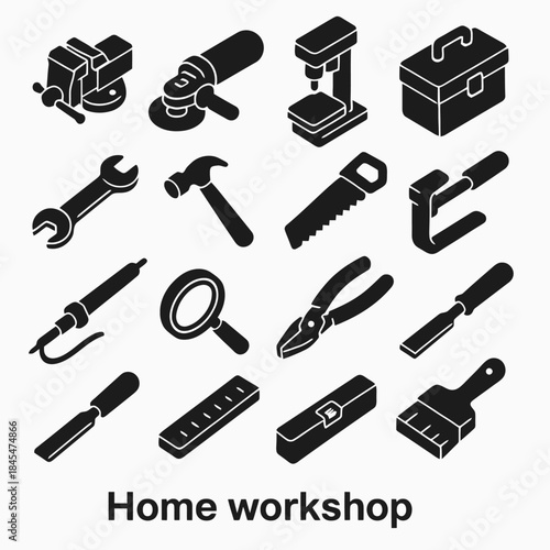 Essential black silhouette icons of workshop tools for home fixes