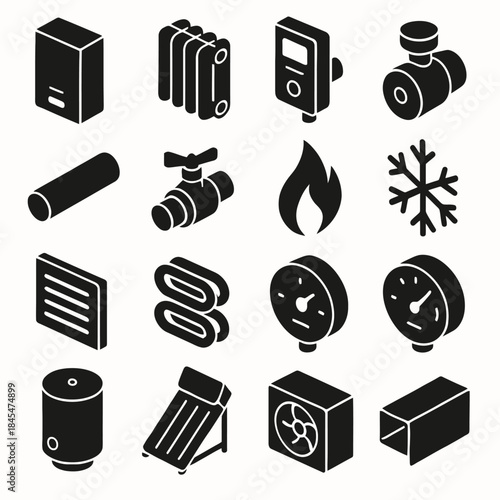 Set of heating and cooling system icons in black silhouette style