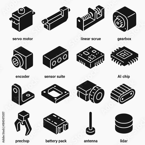 Mechanical components collection: servo motor, gearbox, ai chip, lidar, antenna