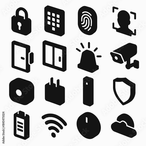 Security icon set: lock, camera, fingerprint, alarm, wi-fi, shield, access control