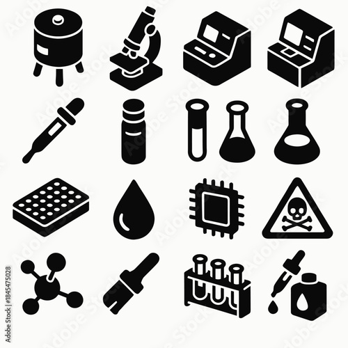 Science lab equipment icons: microscopes, flasks, test tubes, and safety symbols