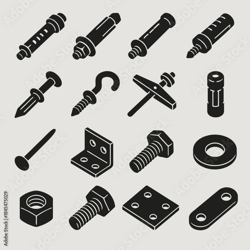 Assorted isometric industrial fasteners and tools on white background