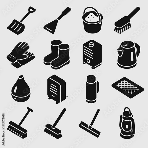 Essential winter and home tools icon set for weather and maintenance