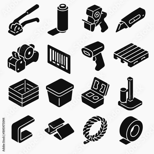 Isometric icons of packing tools and materials for shipping and logistics