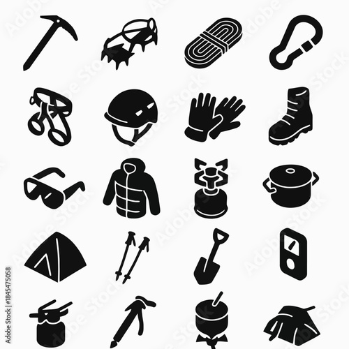 Black silhouettes of essential mountaineering gear icons for outdoor adventure