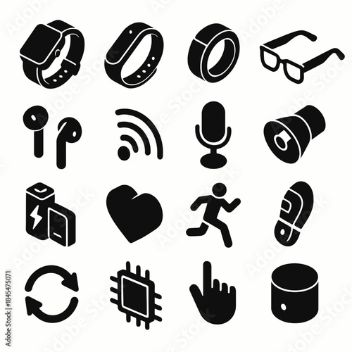 Icon set of smart accessories and tech gadgets in black and white