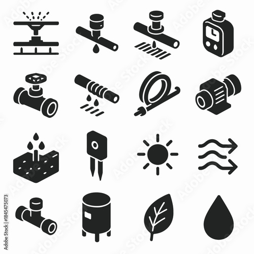 Icons set: irrigation tools, leaf, soil texture, sun, energy, drip system