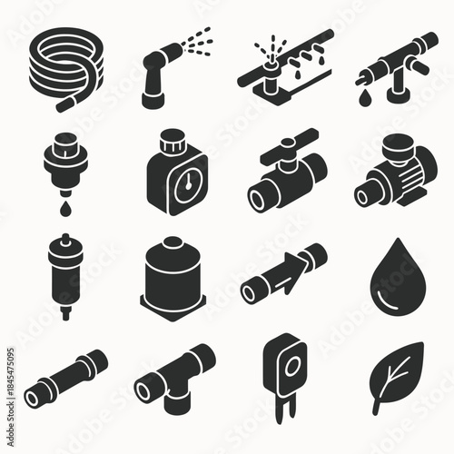 Garden irrigation system icons: hose, sprinkler, valve, drip, filter, timer