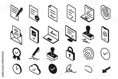 Isometric icons of digital security and document management