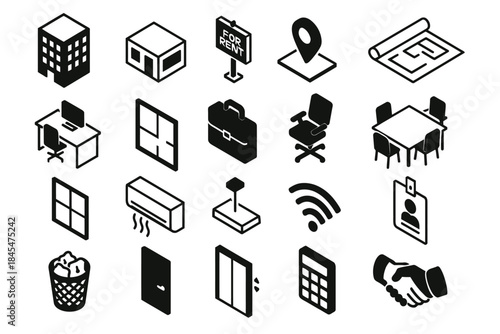 Office icon set: workspace, location, furniture, connectivity, documents, communication