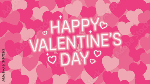Happy valentine's day glowing neon sign with pink heart pattern background for romantic designs and love celebrations