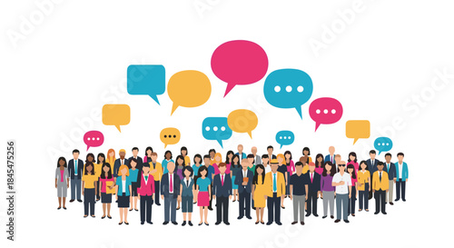 Diverse crowd of people from different backgrounds engaging in a public discussion with colorful speech bubbles above their heads.