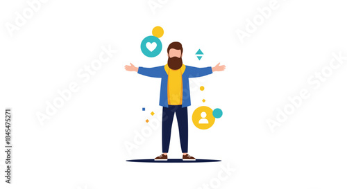 Friendly bearded man with open arms welcoming new connections on social media, with user and heart icons floating around him.