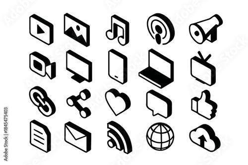 Black and white media icons set: music, video, tech, social, and communication symbols