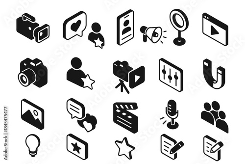 Isometric black icons set: devices, communication, multimedia, social interactions