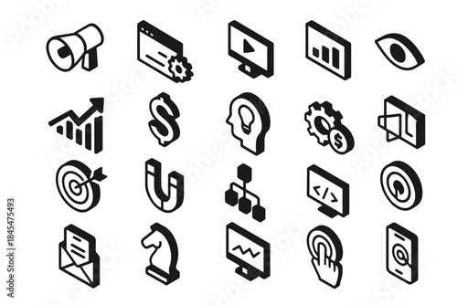 Business and marketing black and white isometric icon set