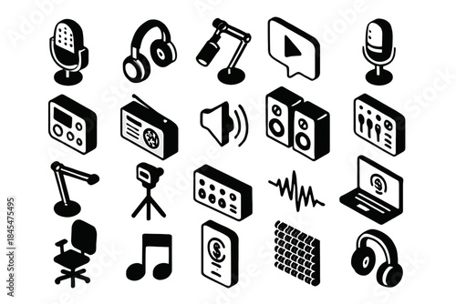 Isometric icons set: microphone, headphones, sound equipment, music technology