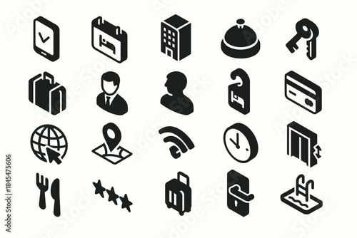 Hotel icon set: reservation, amenities, travel, and leisure symbols