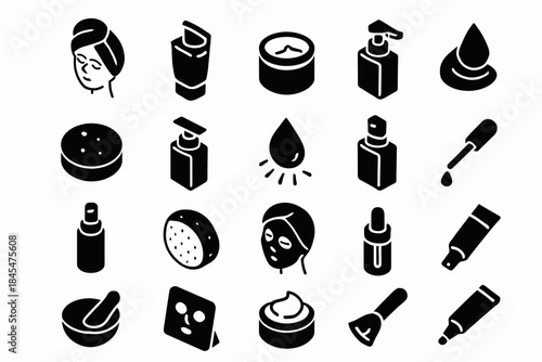 Minimalist skincare icons set featuring creams, serums, and application tools