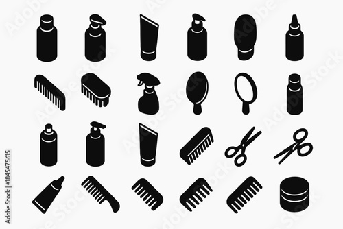 Black silhouette icons of hair care tools and products