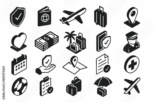 Travel and security icons: passport, airplane, luggage, shield, map, heart, stack of money