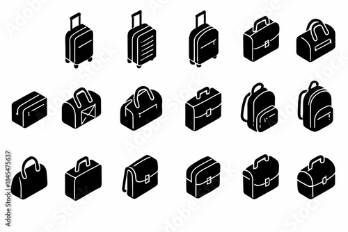 Variety of black and white isometric luggage and bag icons set