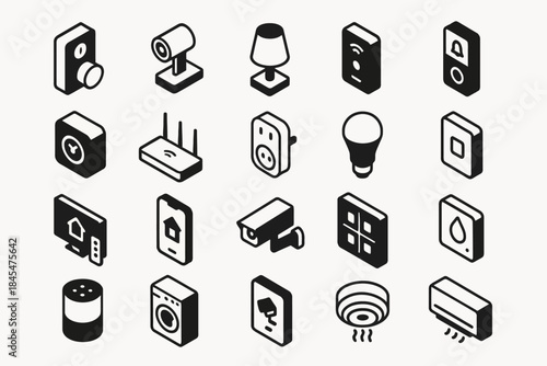Isometric icons of smart home devices including cameras, speakers, and lighting