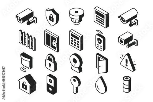 Security system icons - cameras, locks, sensors, and alarms illustration