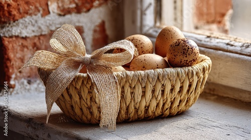 Basket of Speckled Eggs with Raffia Bow on Windowsill