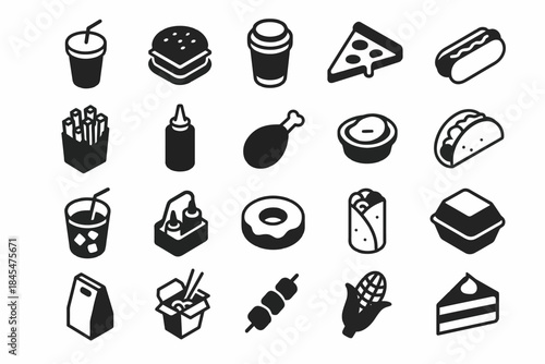 Collection of fast food icons featuring burgers, pizza, and snacks