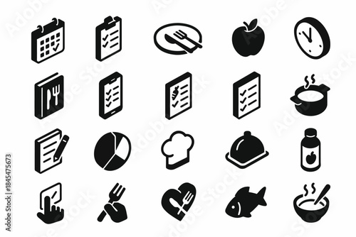 Food and cooking icons set with calendar, chef, and recipe elements