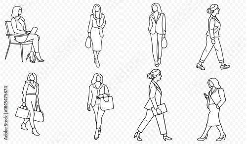 Set of silhouettes of women in front view, standing and seated