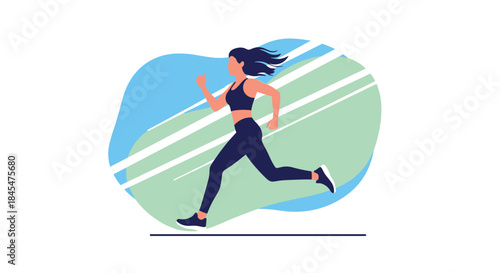 Athletic woman in sportswear jogging against a colorful abstract background, illustrating a healthy and active fitness lifestyle.